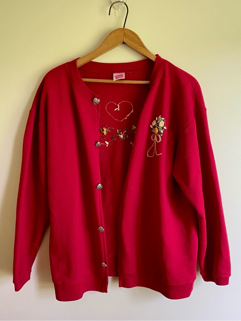 Vintage Handmade Ribbon Embroidery Cardigan Red Floral